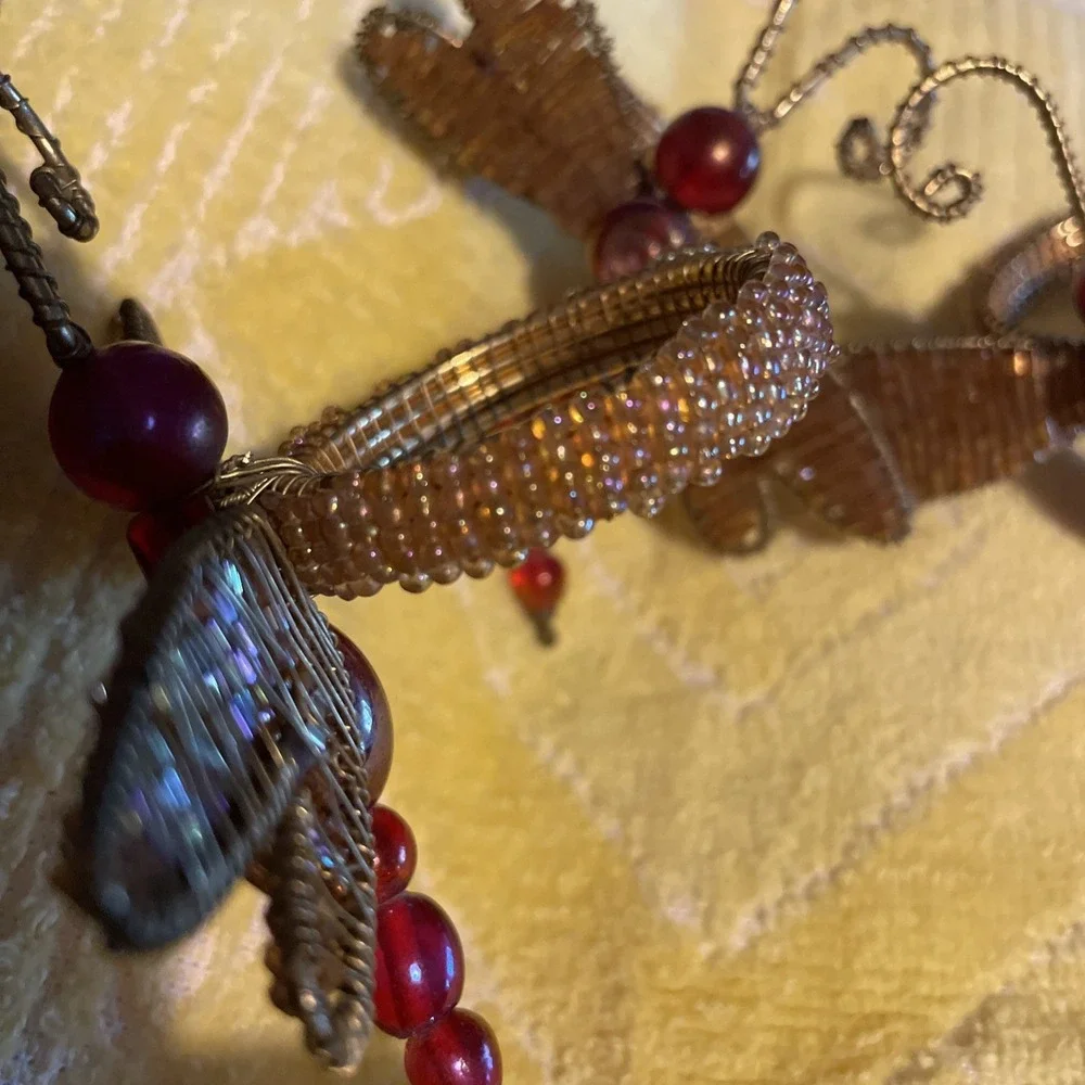 3 Pier One Beaded Dragonfly Napkin Rings ‎ Gold Wire Wings & Red Glass Beads